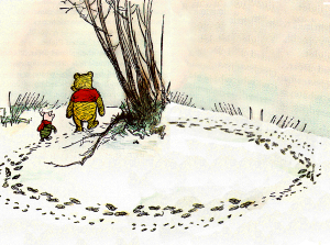 Pooh and Piglet find tracks of the hefferlump and decide to follow them.